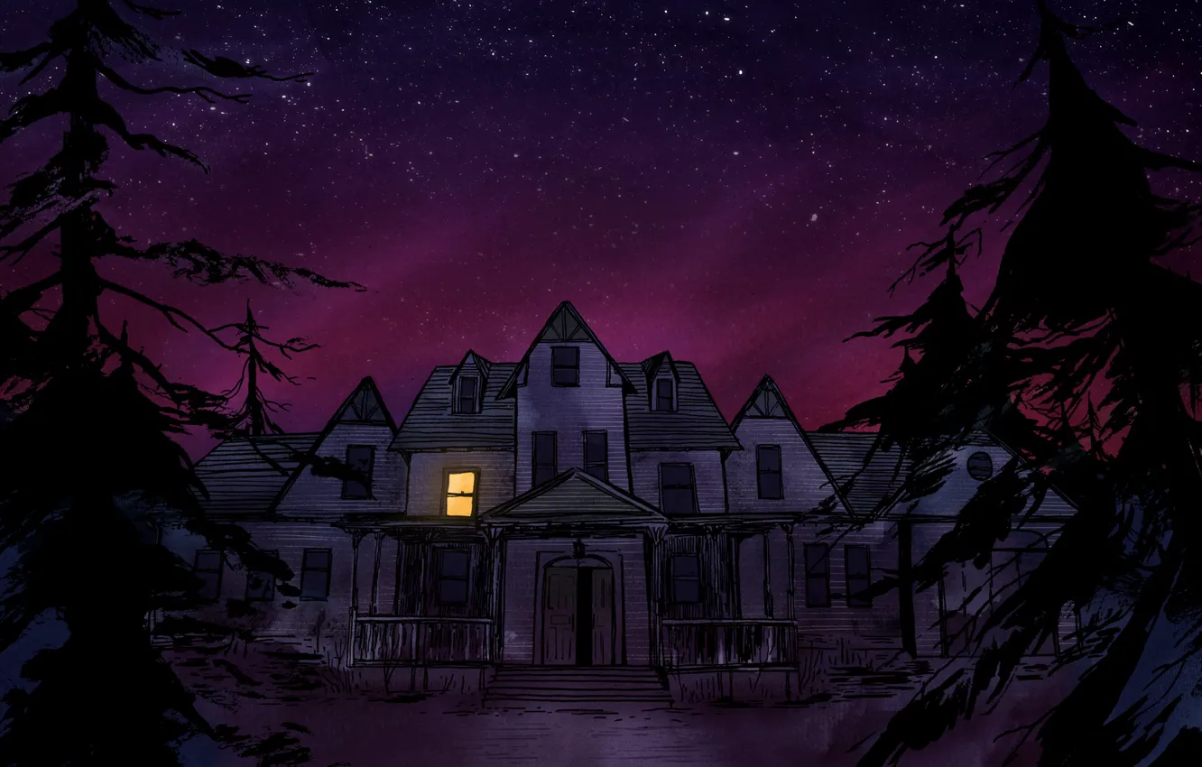 Photo wallpaper forest, night, house, art, video game, computer game, Gone Home