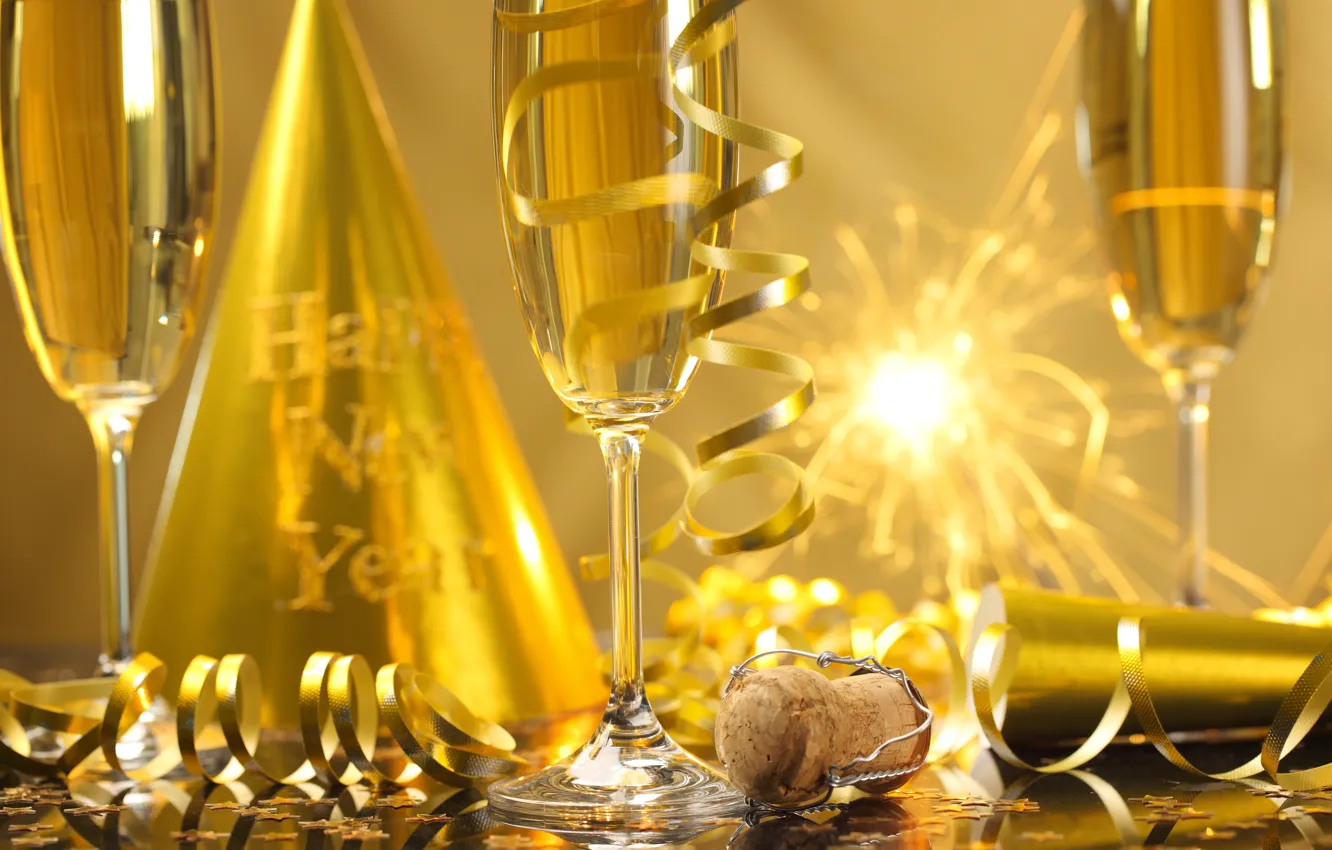Photo wallpaper New Year, glasses, golden, champagne, serpentine, New Year, sparklers, celebration
