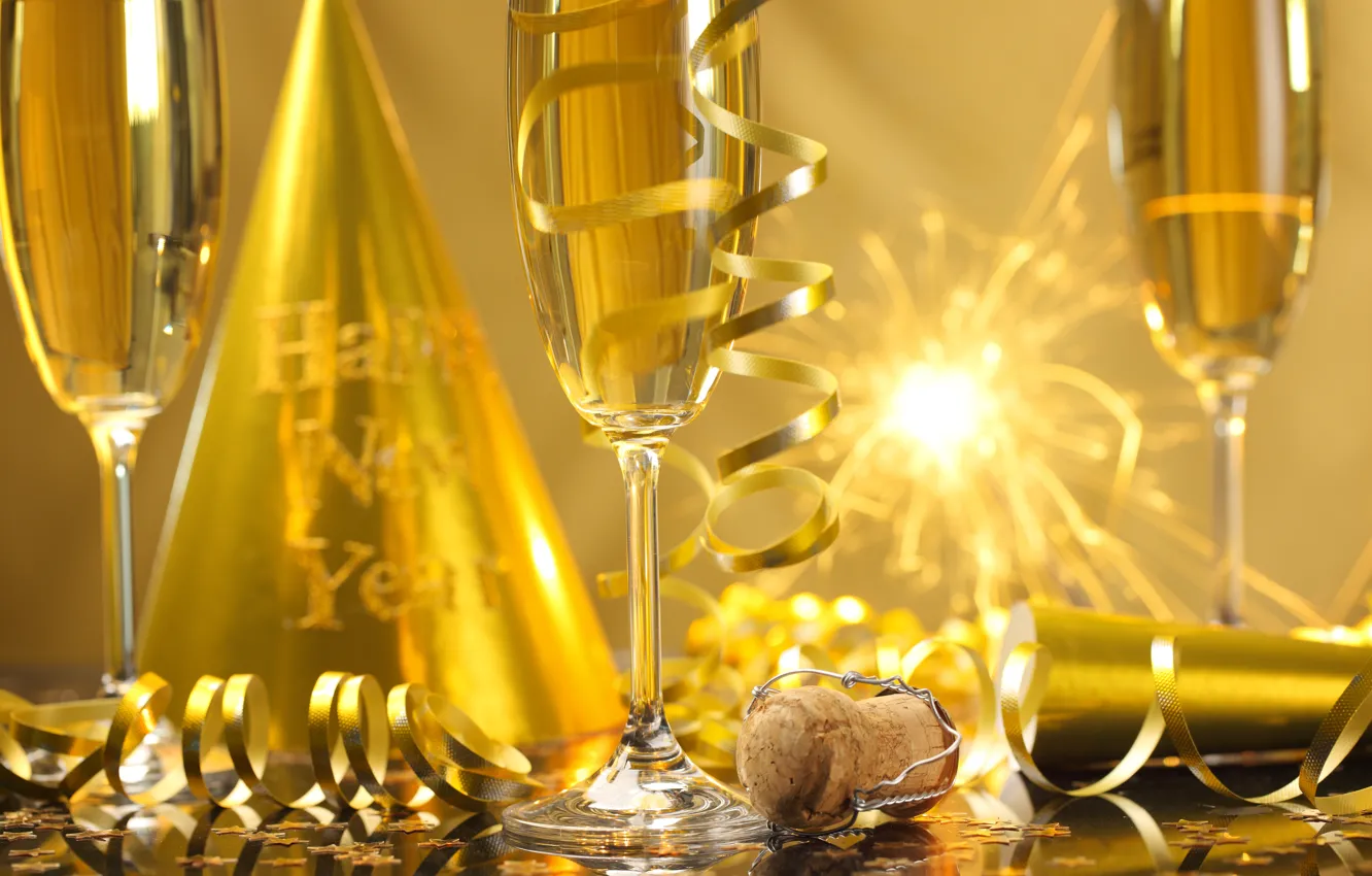 Photo wallpaper glass, new year, golden, champagne, serpentine, New Year, sparklers, celebration