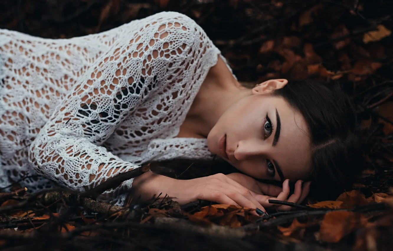 Photo wallpaper autumn, white, look, leaves, makeup, brunette, hairstyle, lies