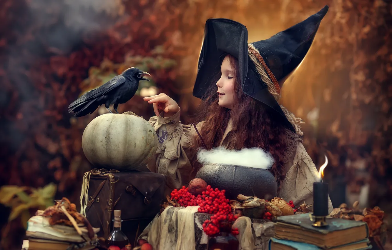 Photo wallpaper bird, books, candle, hat, girl, pumpkin, Raven, Rowan