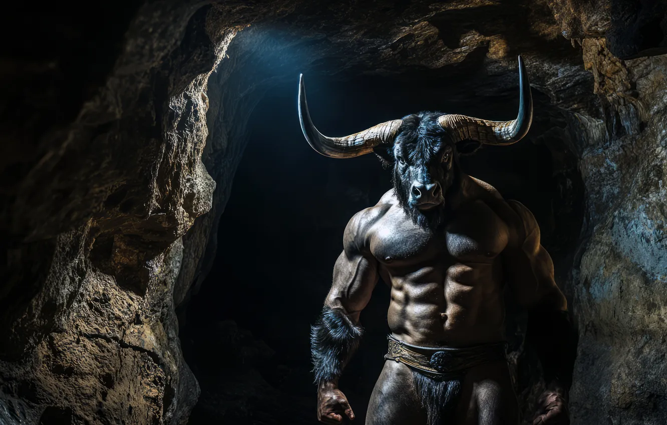 Photo wallpaper look, horns, monster, the Minotaur, digital art, mythology, AI art, The Art of Artificial Intelligence