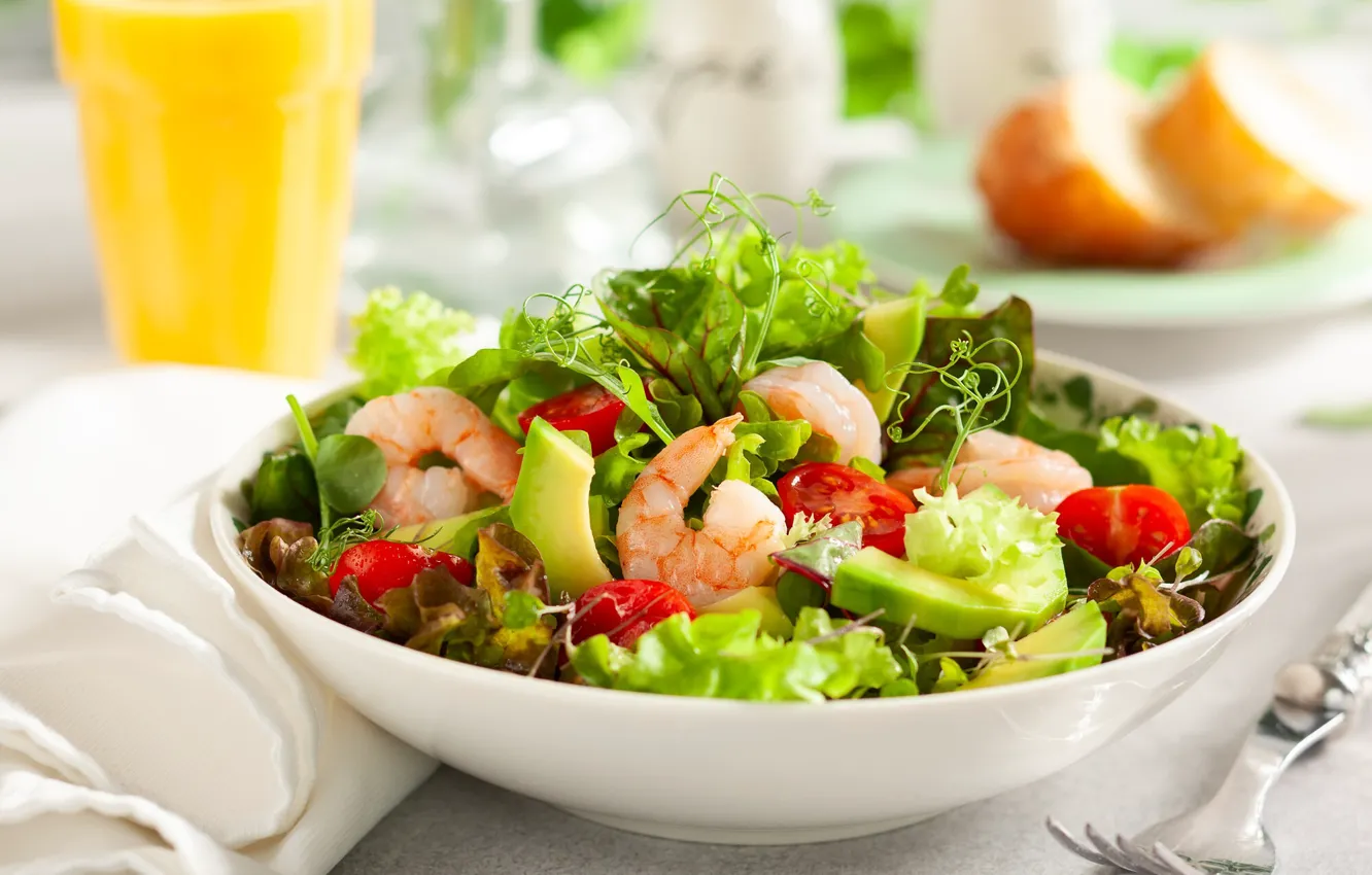 Photo wallpaper salad, shrimp, avocado