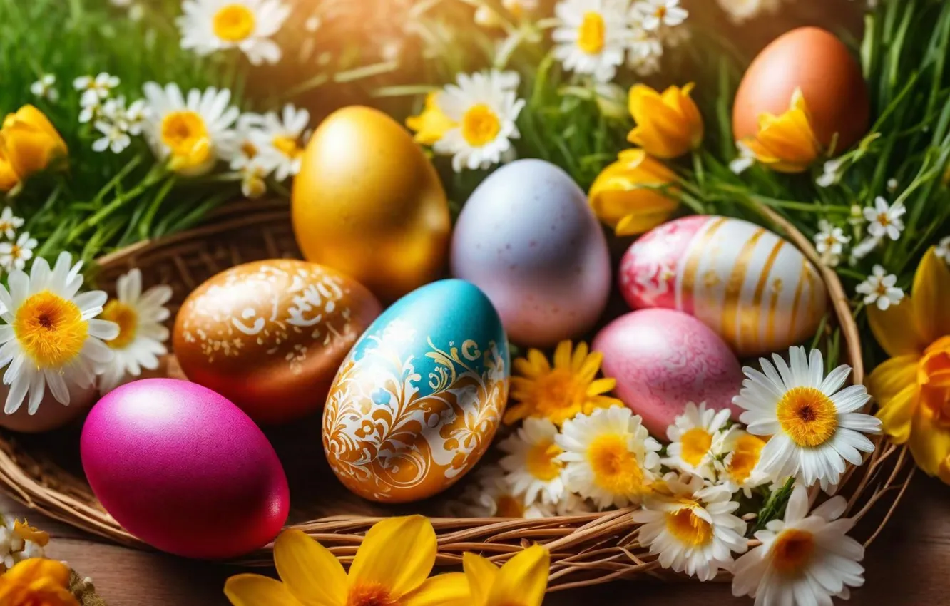 Photo wallpaper flowers, eggs, spring, colorful, Easter, flowers, spring, Easter