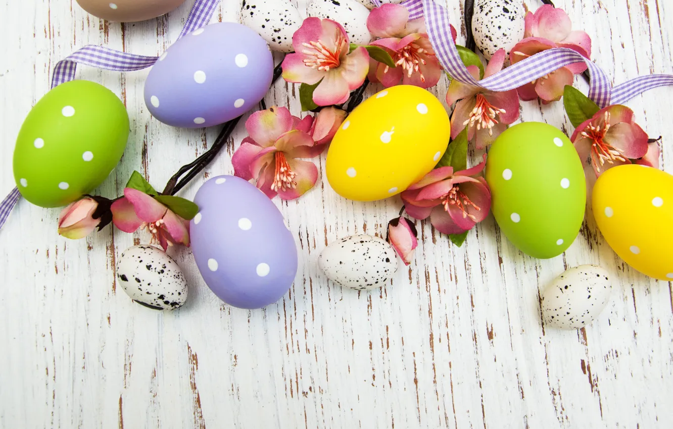 Photo wallpaper flowers, eggs, spring, colorful, Easter, wood, pink, blossom