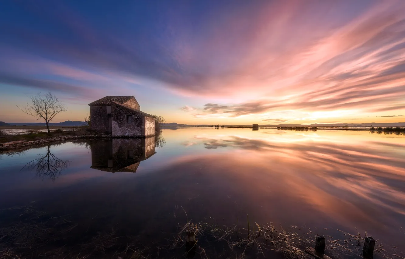 Photo wallpaper sunset, lake, home