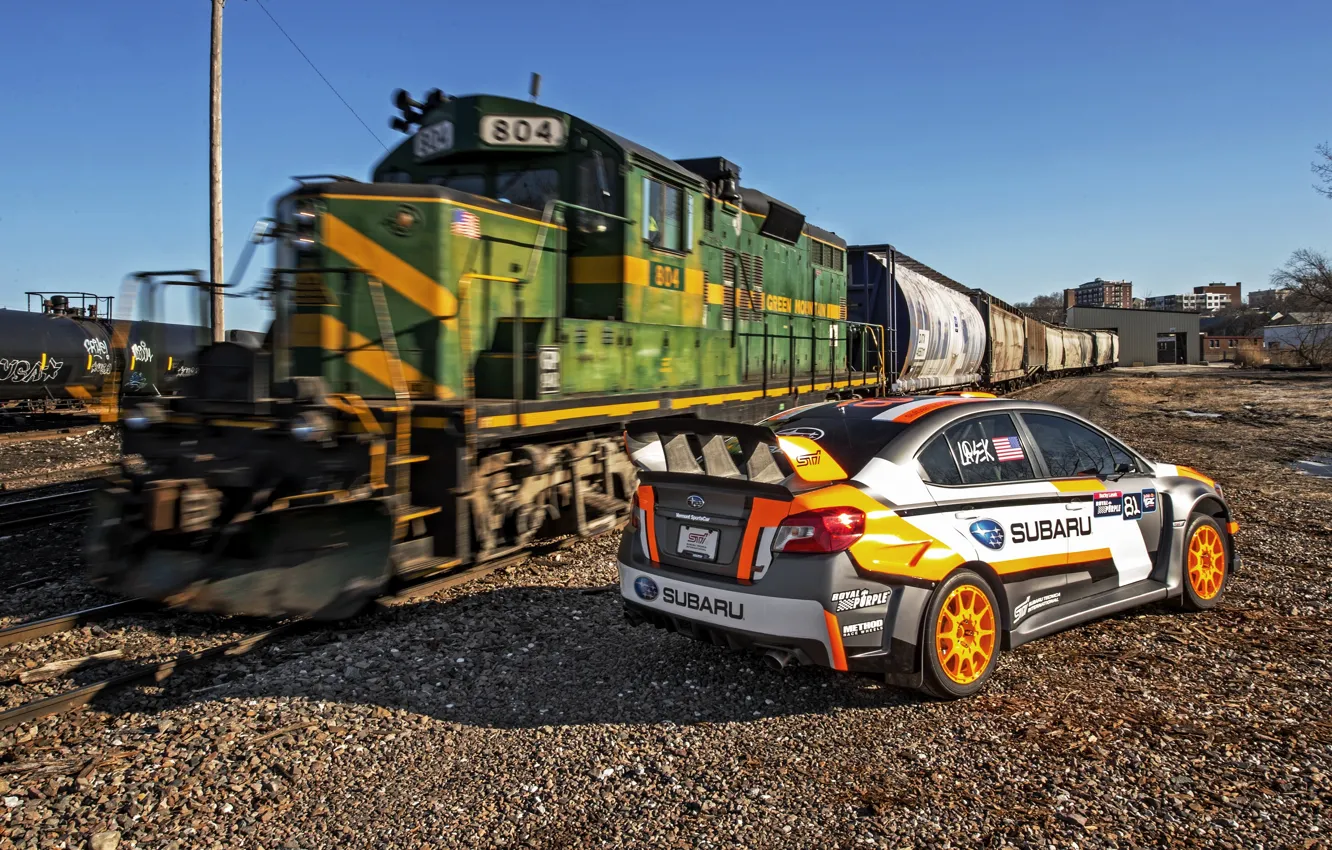 Photo wallpaper train, Subaru, railroad, WRX, STI, Subaru, Rallycross, 2015