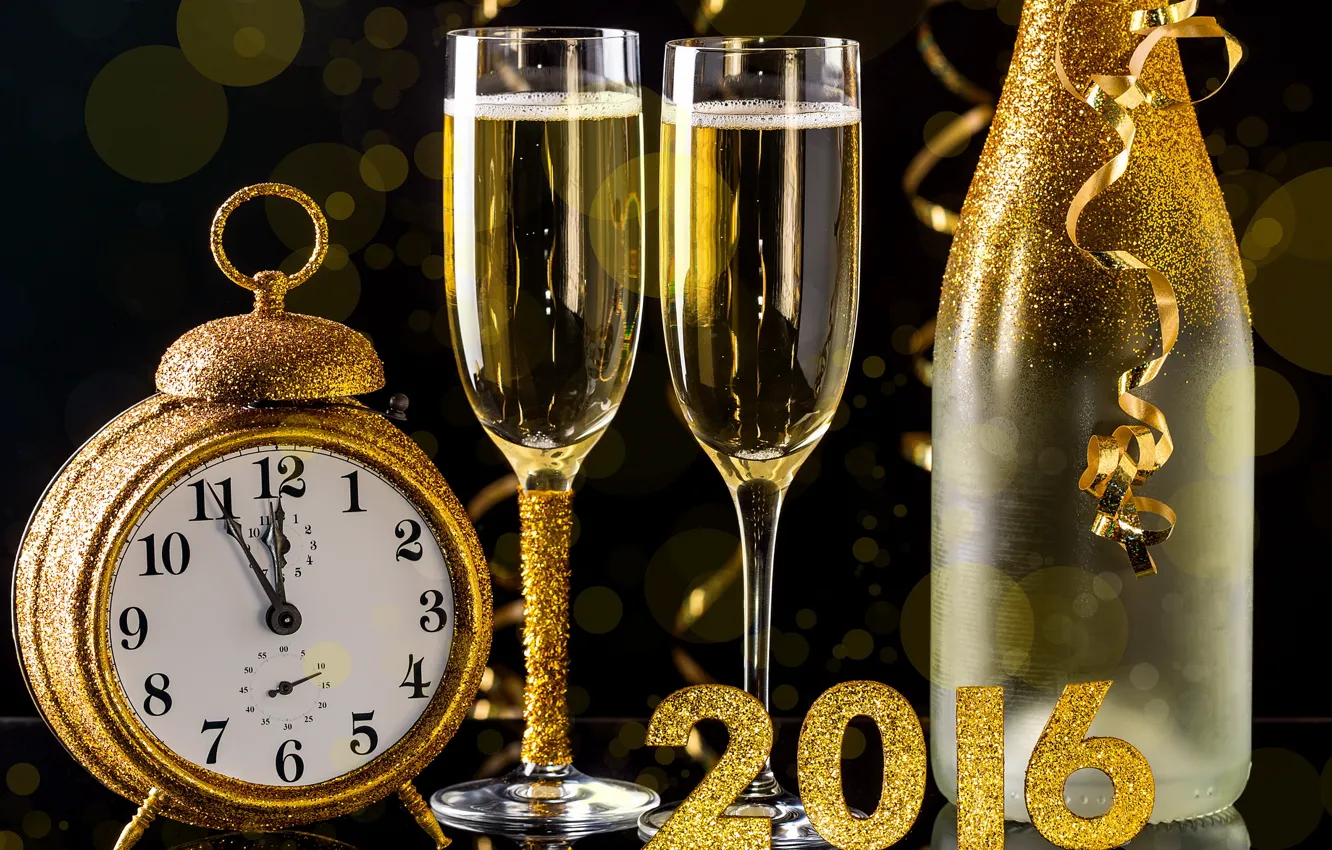 Photo wallpaper watch, bottle, New Year, glasses, golden, champagne, New Year, Happy