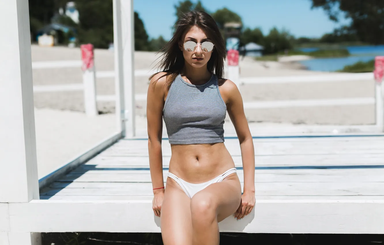 Photo wallpaper beach, woman, Pavilion, attractive