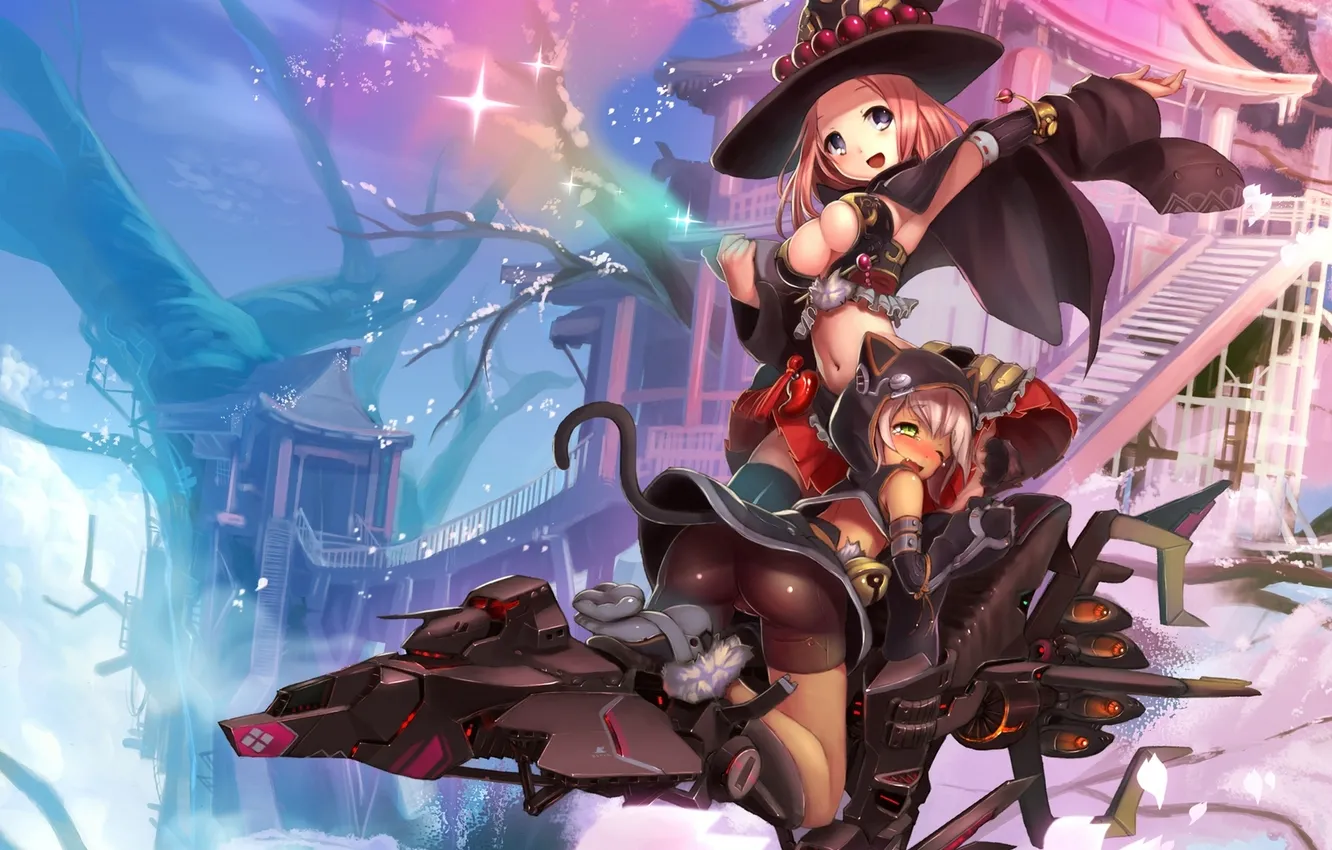 Photo wallpaper girl, flight, joy, fear, home, Sakura, hugs, tail