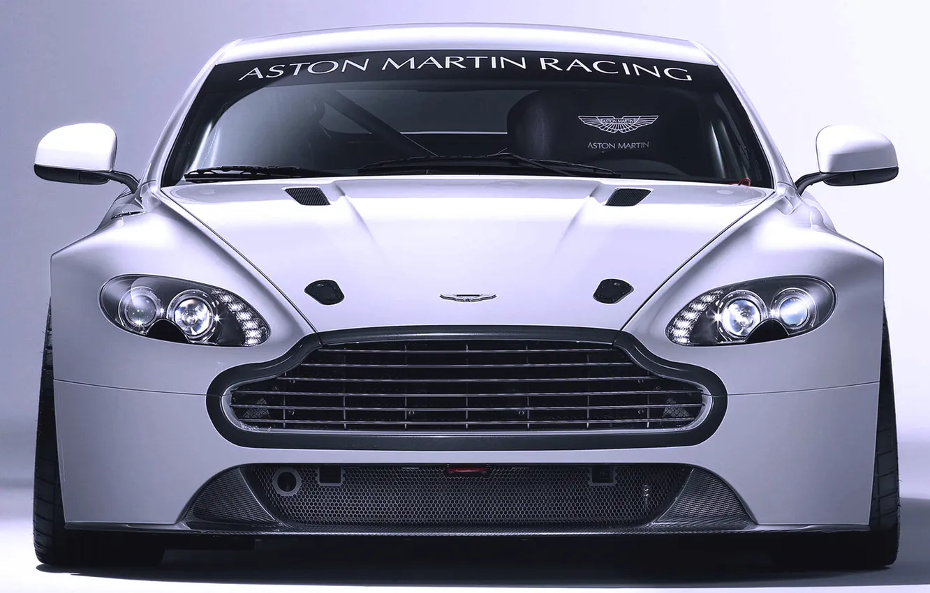 Photo wallpaper Aston Martin, Auto, Vantage, White, Machine, The hood, Lights, The front