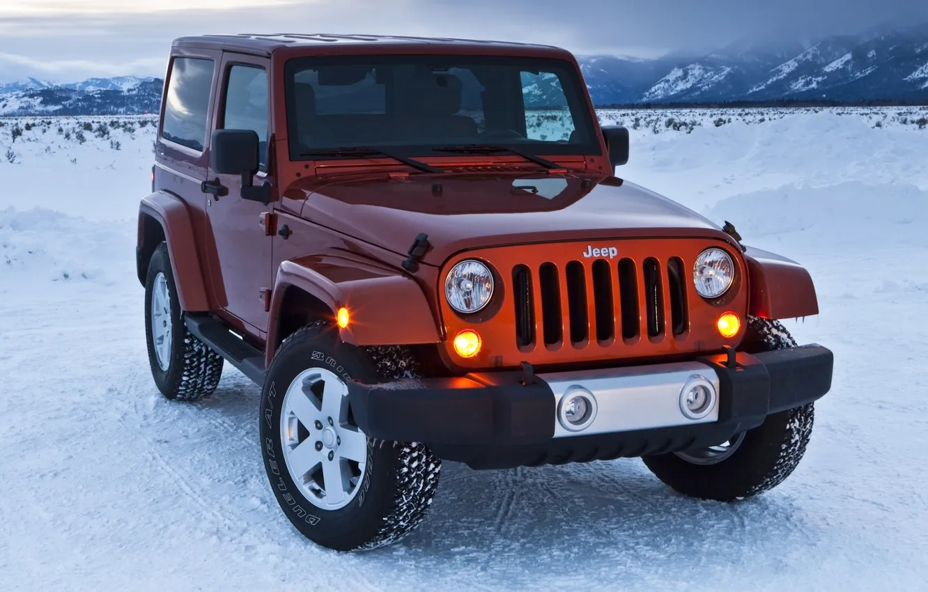Photo wallpaper snow, mountains, jeep, SUV, sugar, Sahara, the front, Wrangler
