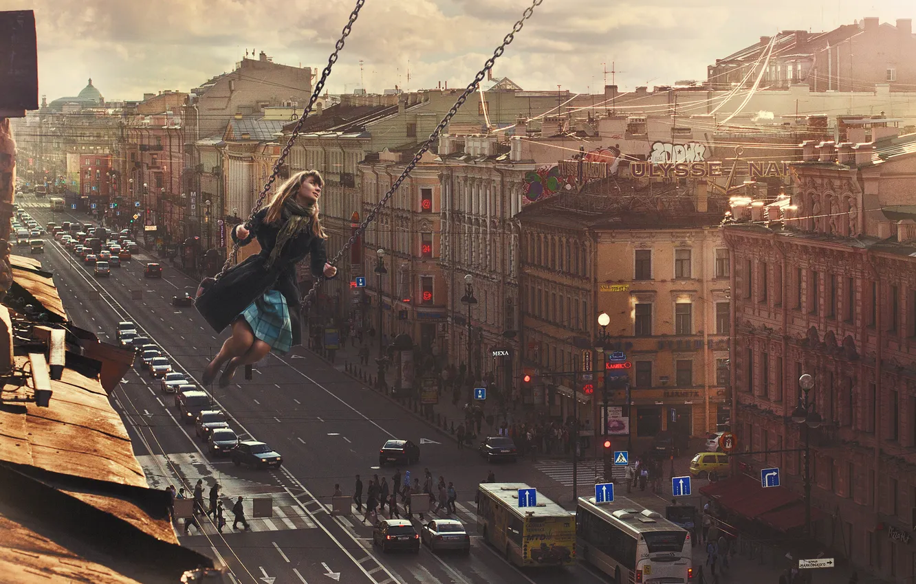 Photo wallpaper girl, the city, swing, Peter, art