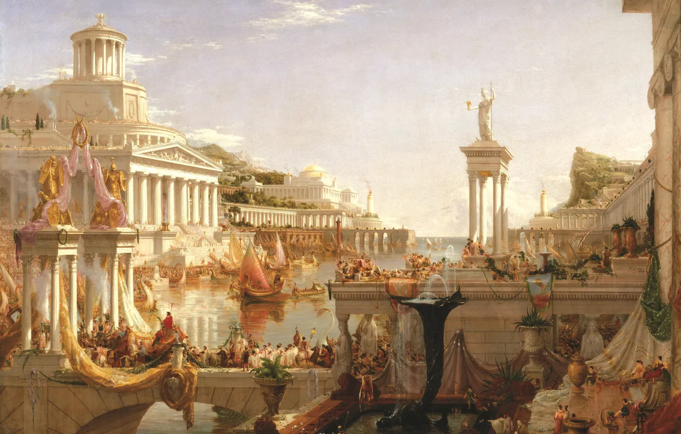Photo wallpaper water, the city, people, building, picture, painting, Thomas Cole, The Consummation The Course of the …