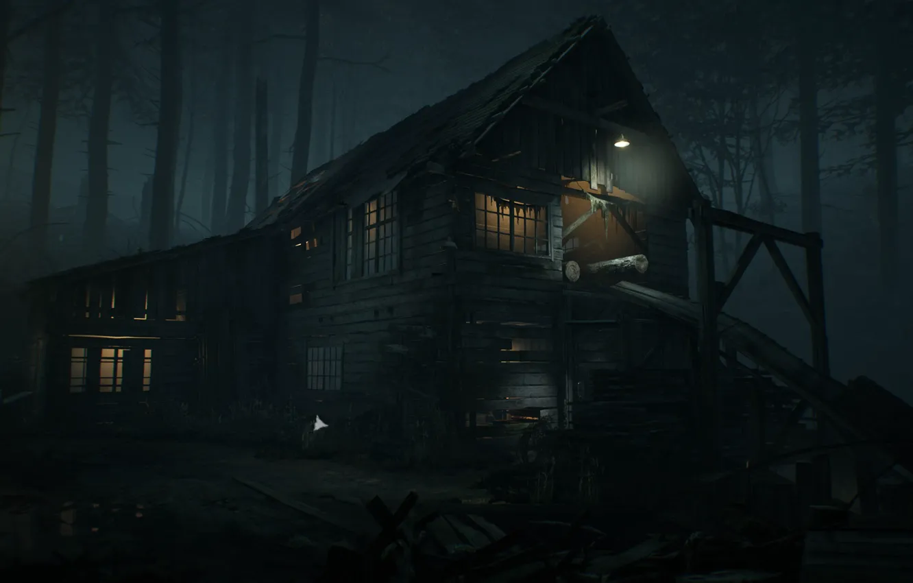 Photo wallpaper forest, light, night, house, ruins, Blair Witch, Sawmill