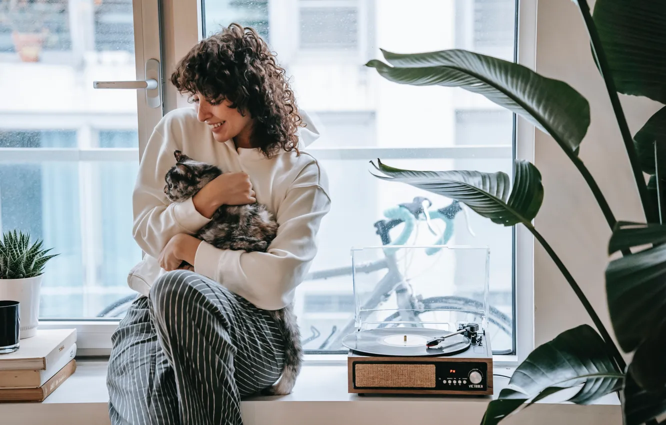 Photo wallpaper Girl, Cat, Smile, Window, Companion, Cat, Animal, Cute