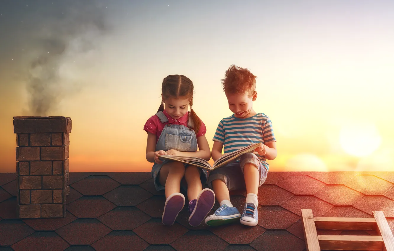 Photo wallpaper roof, sunset, children, house, boy, girl, book, girl