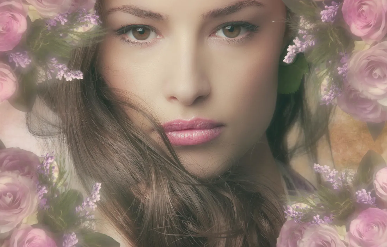 Photo wallpaper girl, face, hair, portrait, pink, flowers, hair, roses
