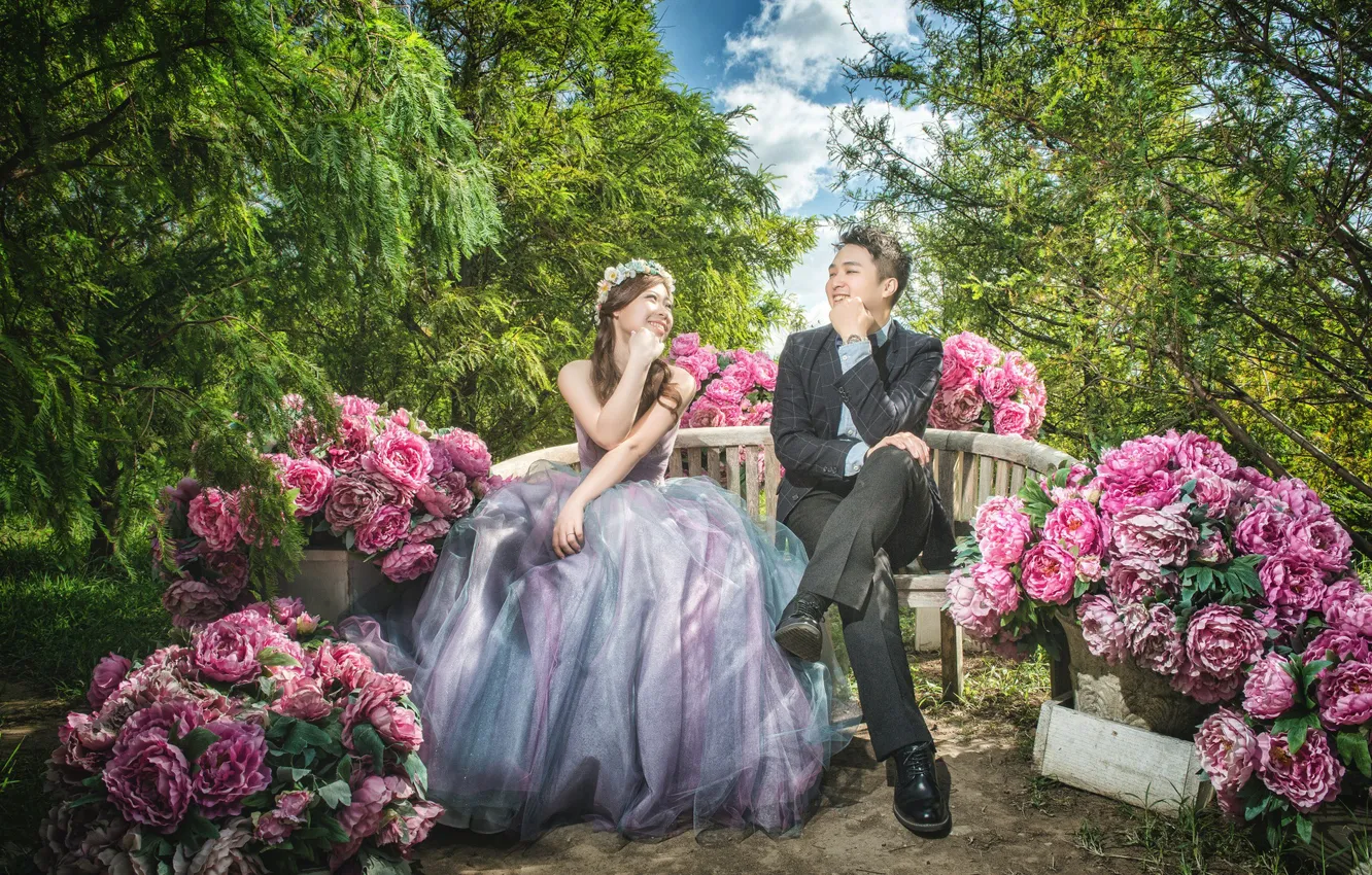 Photo wallpaper girl, happiness, flowers, Park, dress, male, lovers, smile