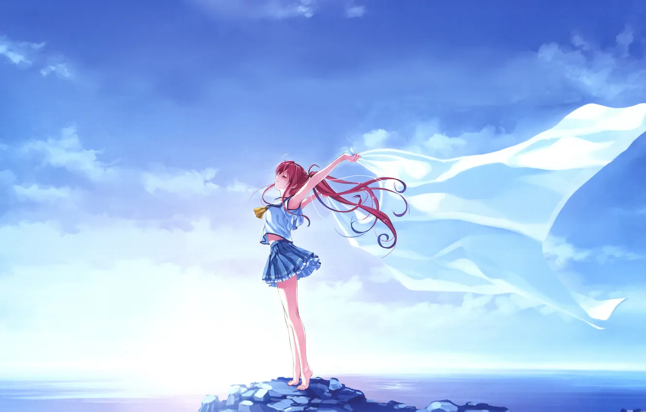 Photo wallpaper girl, the wind, coast