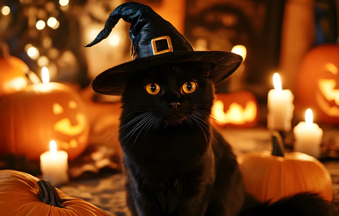 Photo wallpaper autumn, cat, cat, look, lights, holiday, black, hat