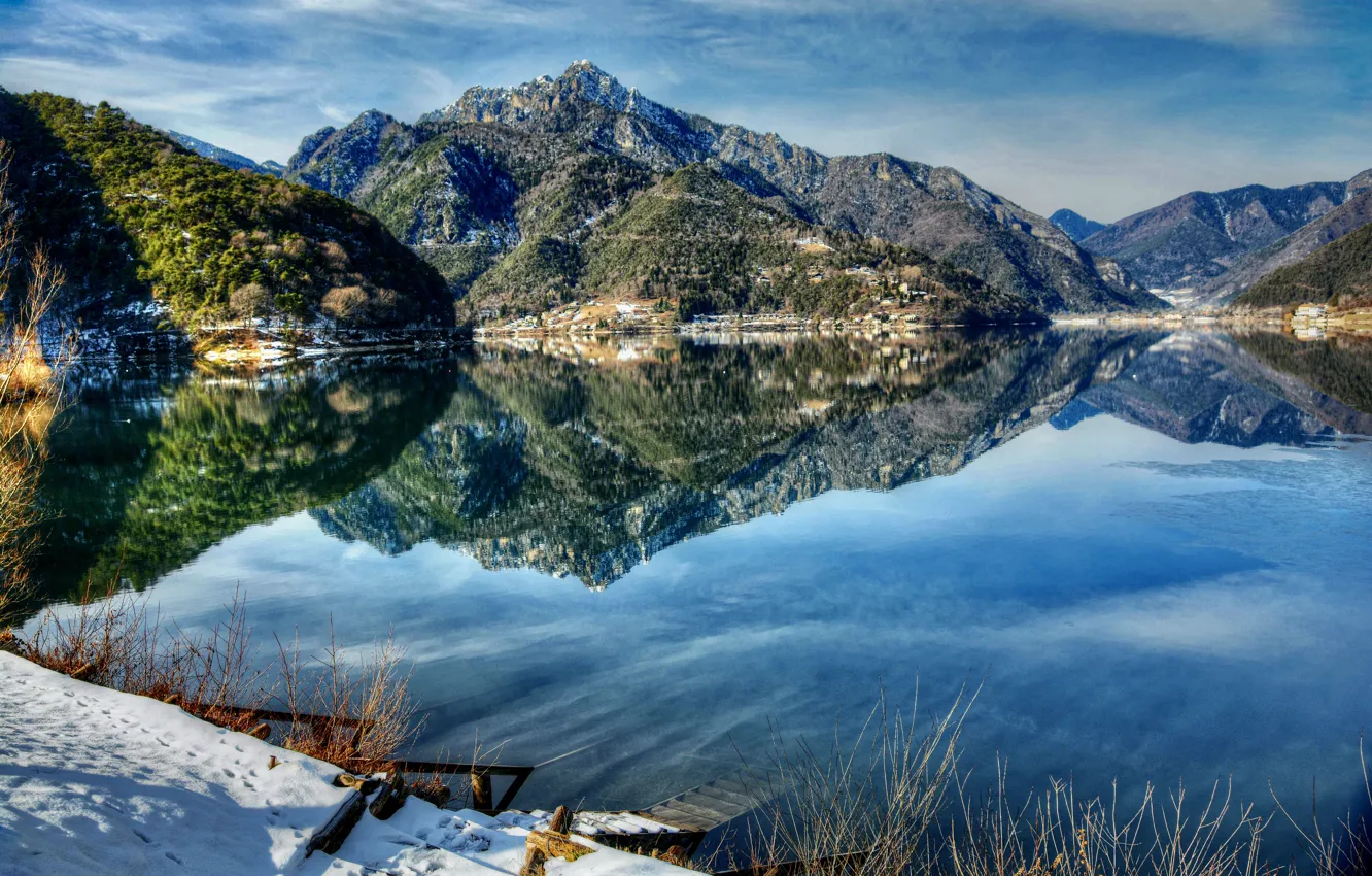 Photo wallpaper winter, snow, landscape, mountains, nature, lake, reflection, the descent