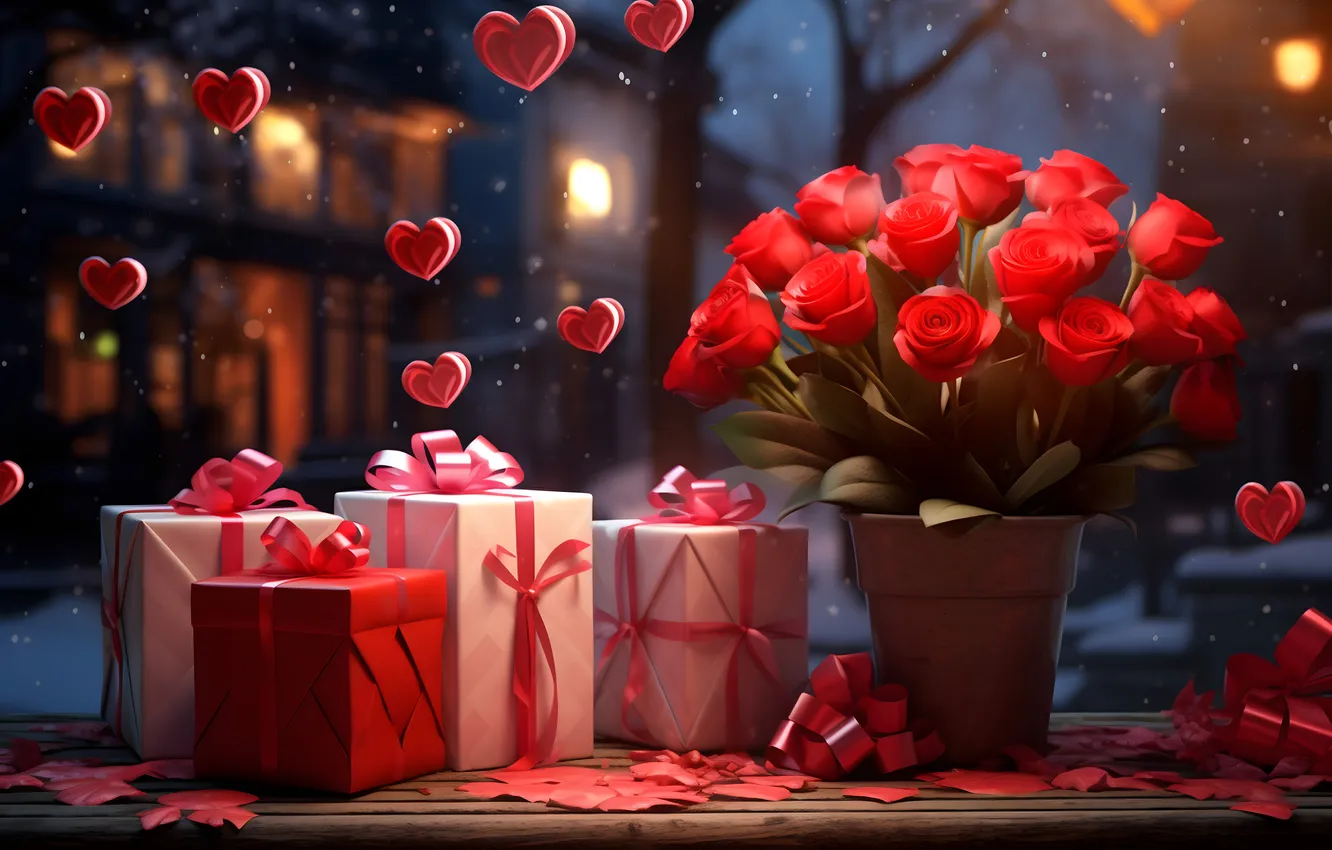 Photo wallpaper love, flowers, gift, romance, heart, roses, love, Valentine's day