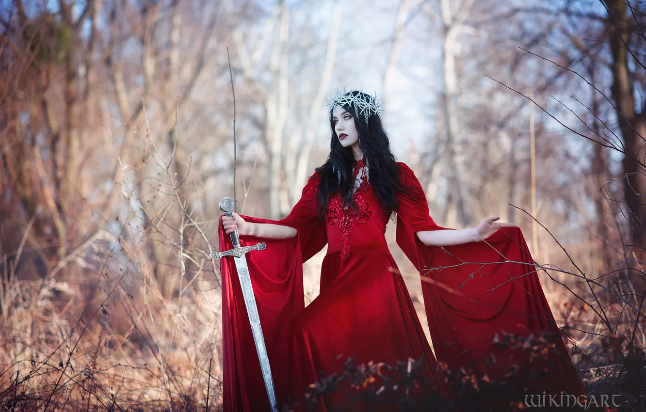 Photo wallpaper forest, girl, branches, nature, pose, style, sword, hands