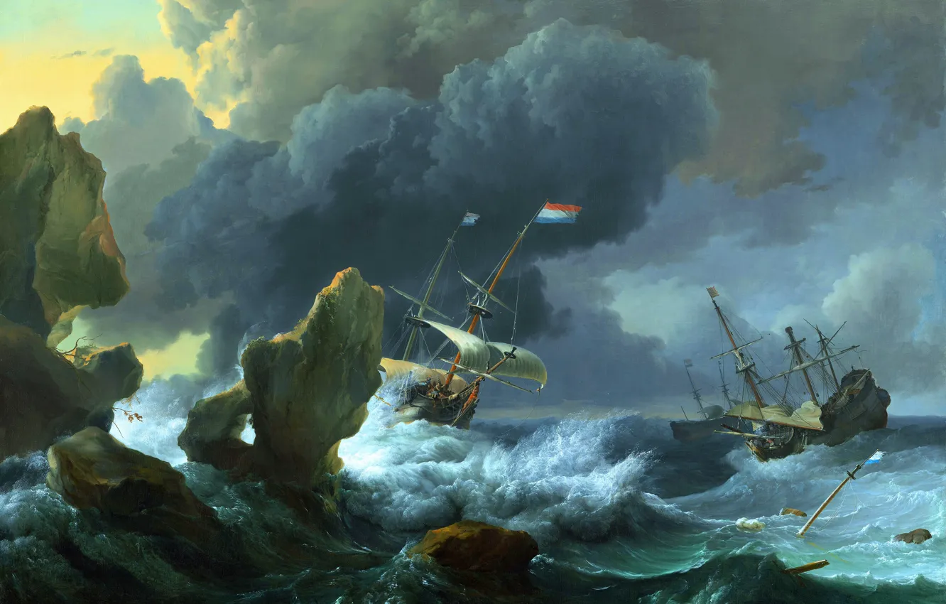 Photo wallpaper clouds, storm, rocks, ship, picture, Dutch artist, Ludolf Bakhuizen, Ludolf Bakhuizen
