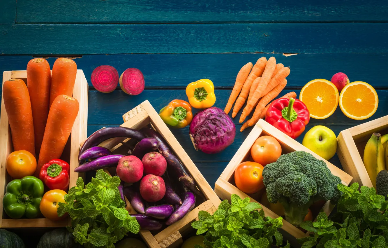 Photo wallpaper greens, citrus, fruit, vegetables, carrots, broccoli, beets