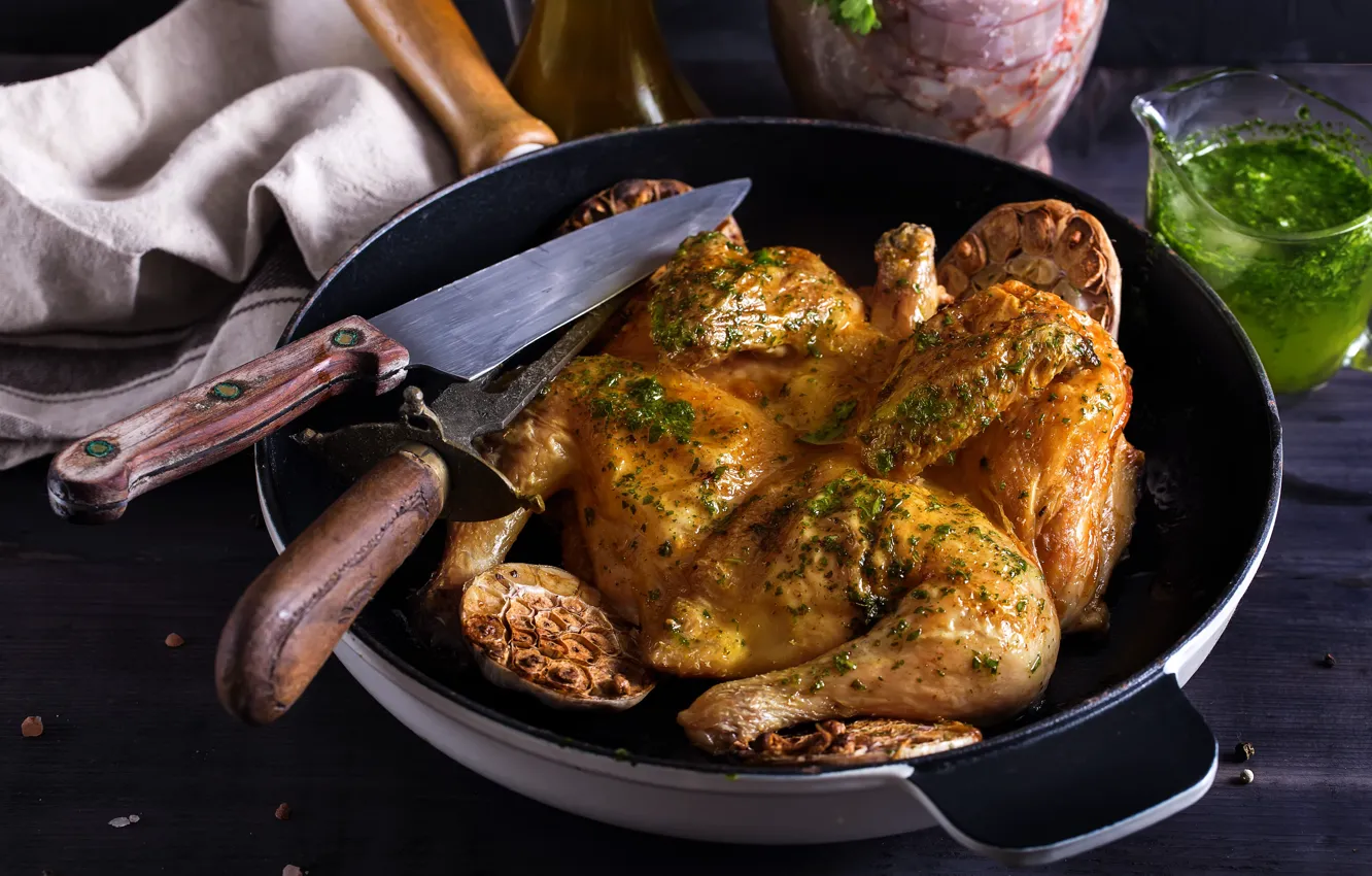 Photo wallpaper chickens, knife, pan