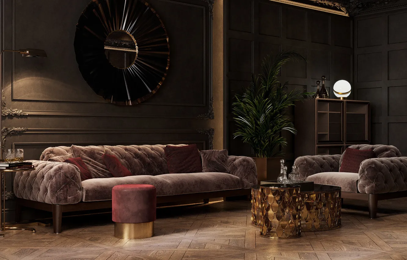 Photo wallpaper design, style, room, plant, lamp, living room, dark color in the interior, upholstered furniture made …