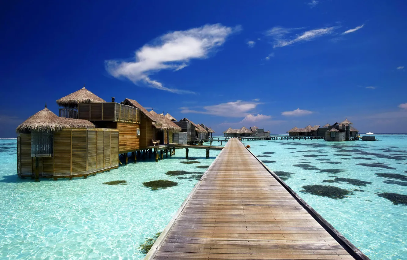 Photo wallpaper sea, the sky, clouds, tropics, the ocean, The Maldives, Bungalow, Gili Lankanfushi