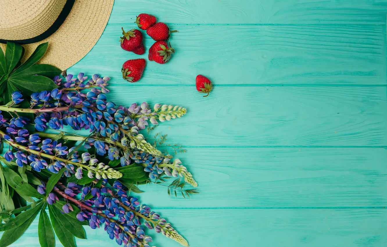 Photo wallpaper flowers, background, wood, flowers, strawberry, purple, lupins, lupine