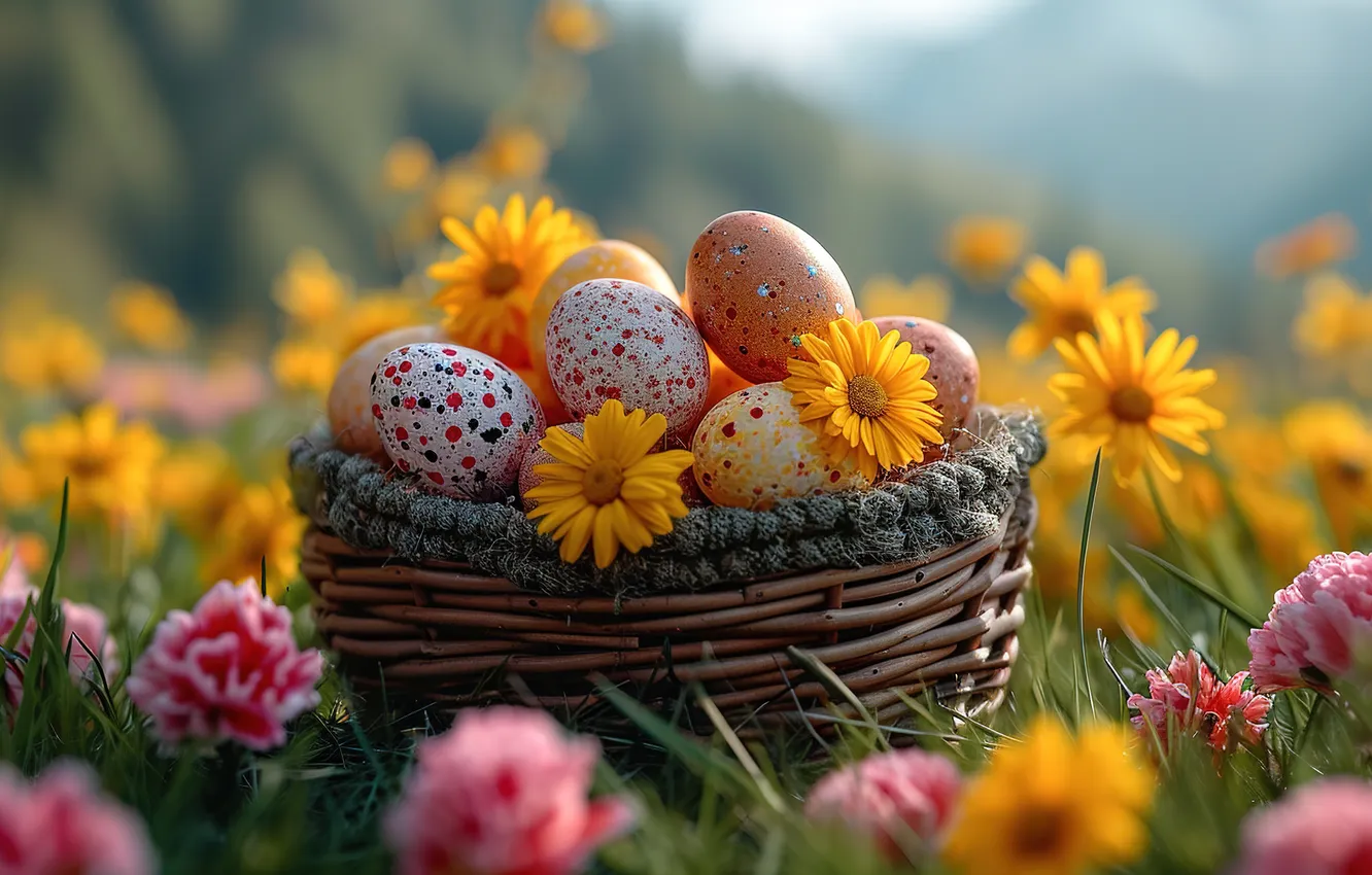 Photo wallpaper flowers, eggs, spring, colorful, Easter, flowers, spring, Easter