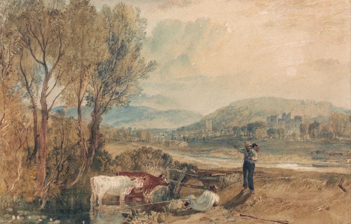 Photo wallpaper landscape, mountains, river, picture, cows, watercolor, shepherd, Dorset