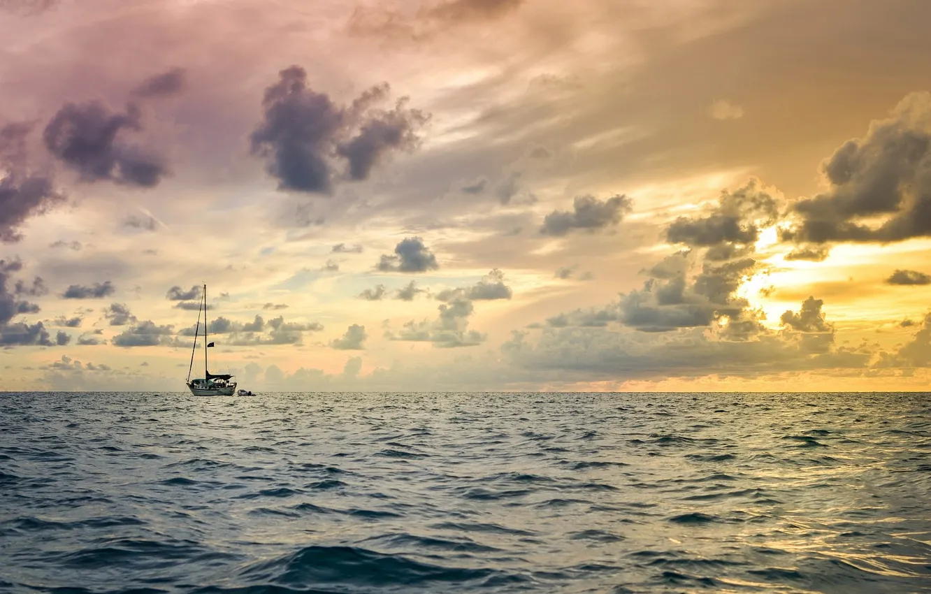 Photo wallpaper sea, sunset, the evening, yacht