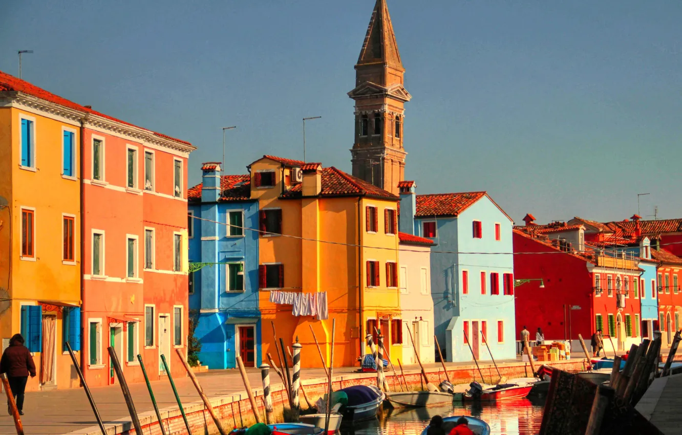 Photo wallpaper tower, home, boats, Venice, channel, Burano