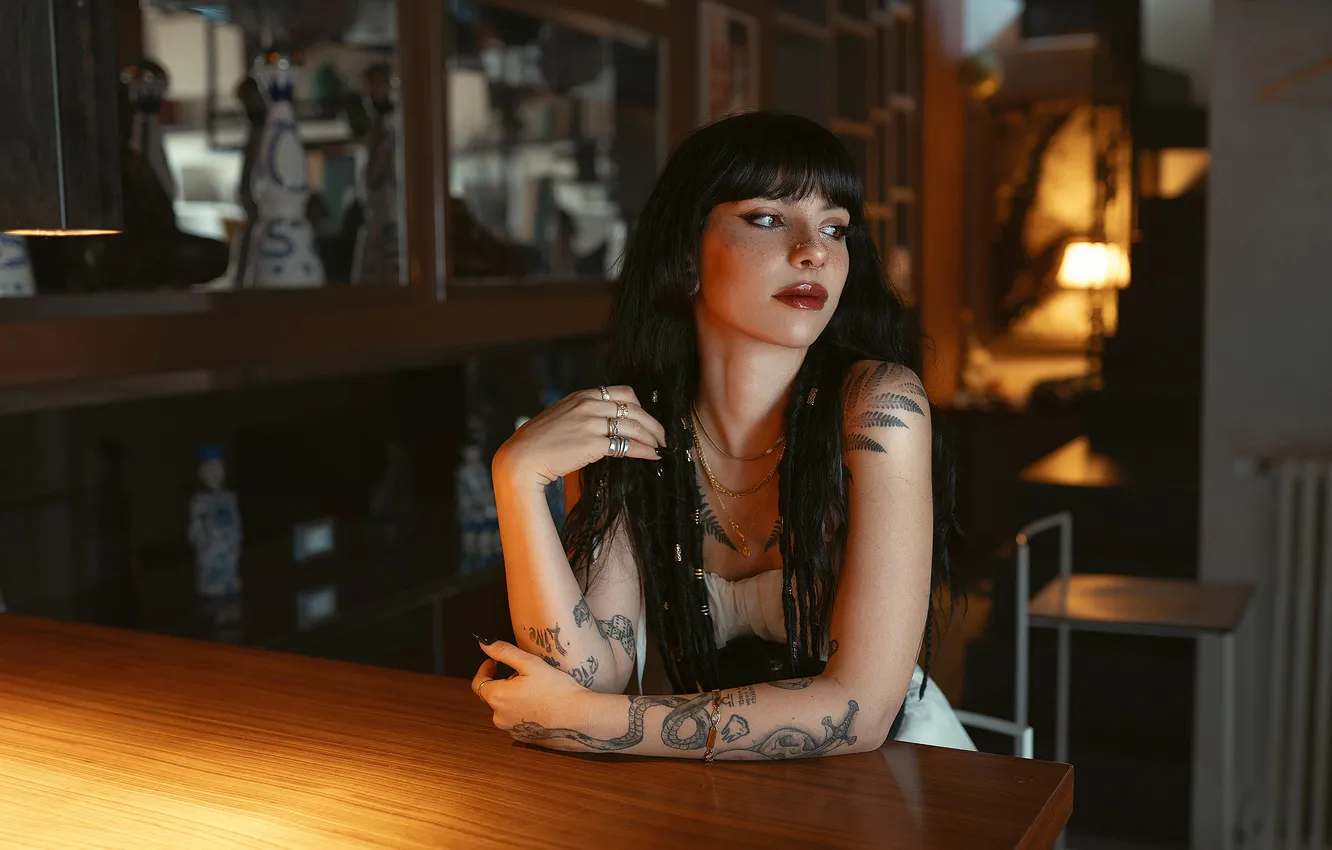 Photo wallpaper decoration, table, room, piercing, brunette, tattoo, tattoo, Alyblackkk