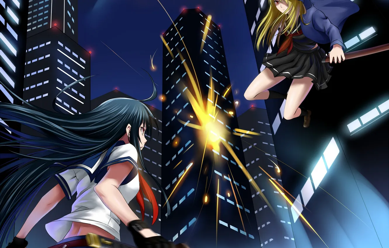 Photo wallpaper the sky, girl, night, lights, weapons, home, katana, anime