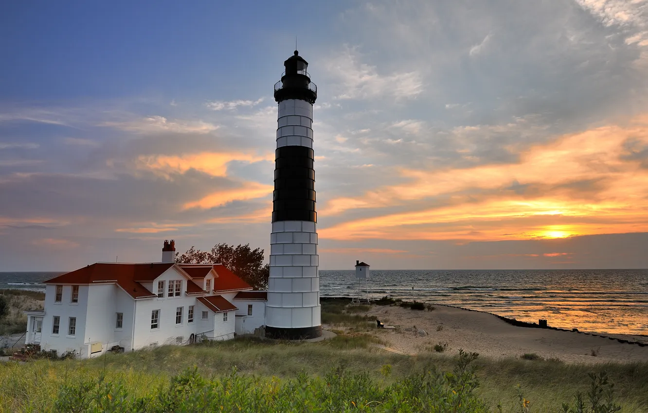 Photo wallpaper sea, sunset, lighthouse