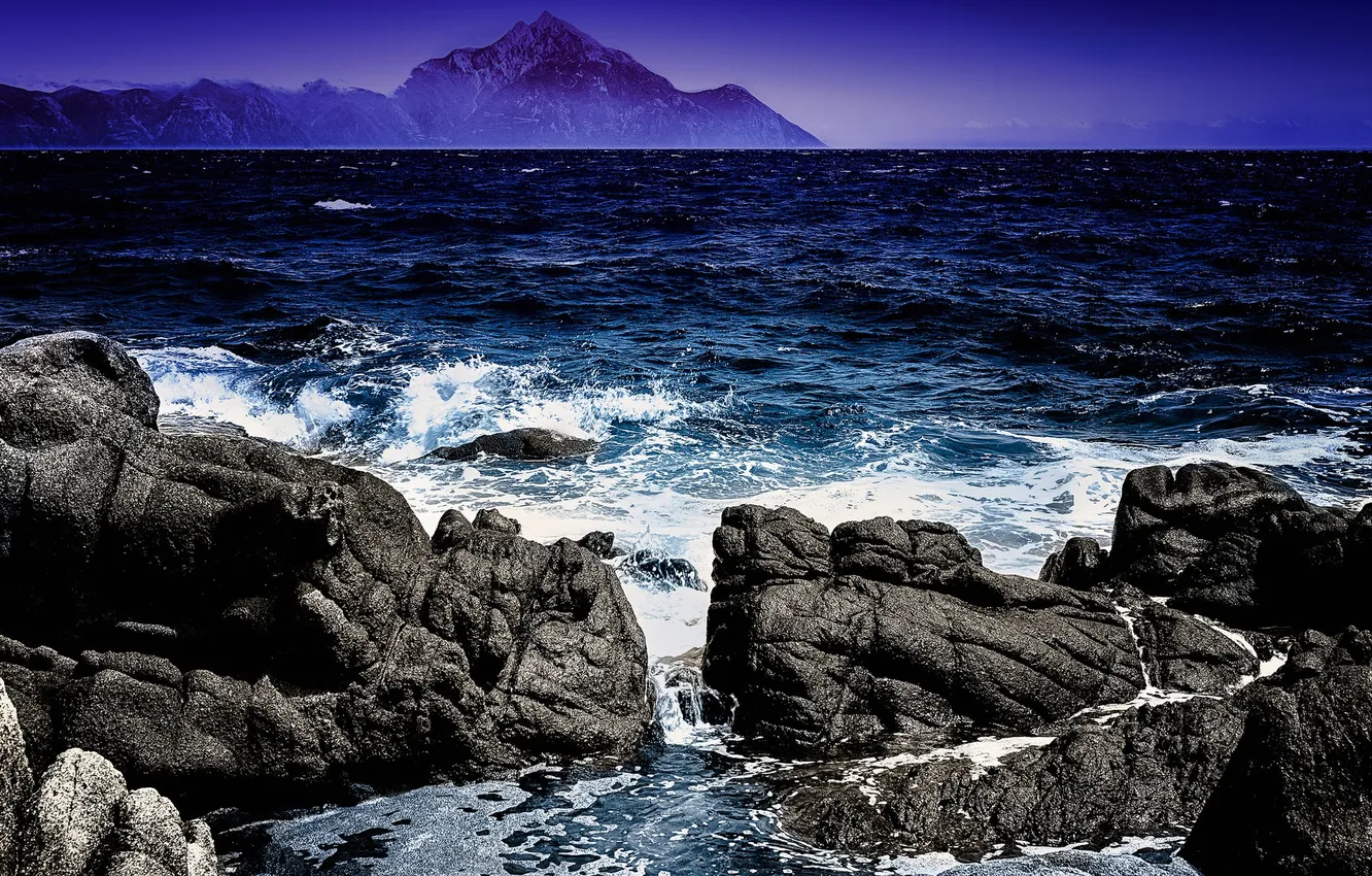 Photo wallpaper sea, the sky, mountains, stones, rocks