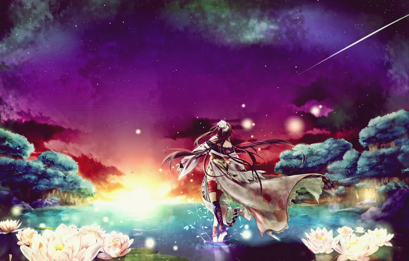 Photo wallpaper water, girl, night, lake, the wind, anime, Lotus, kimono