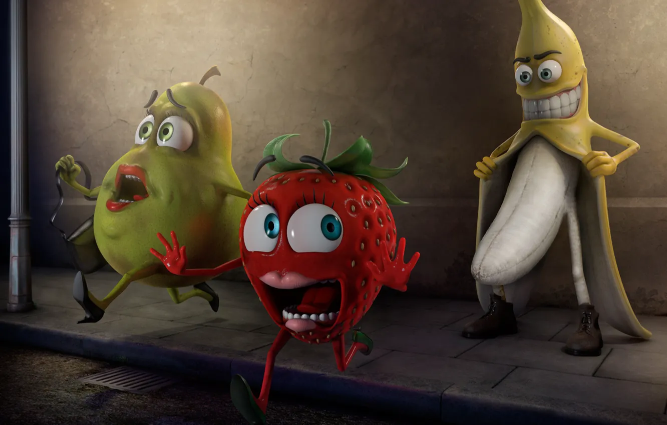 Photo wallpaper fear, strawberry, pear, fruit, pervert, panic, Banana