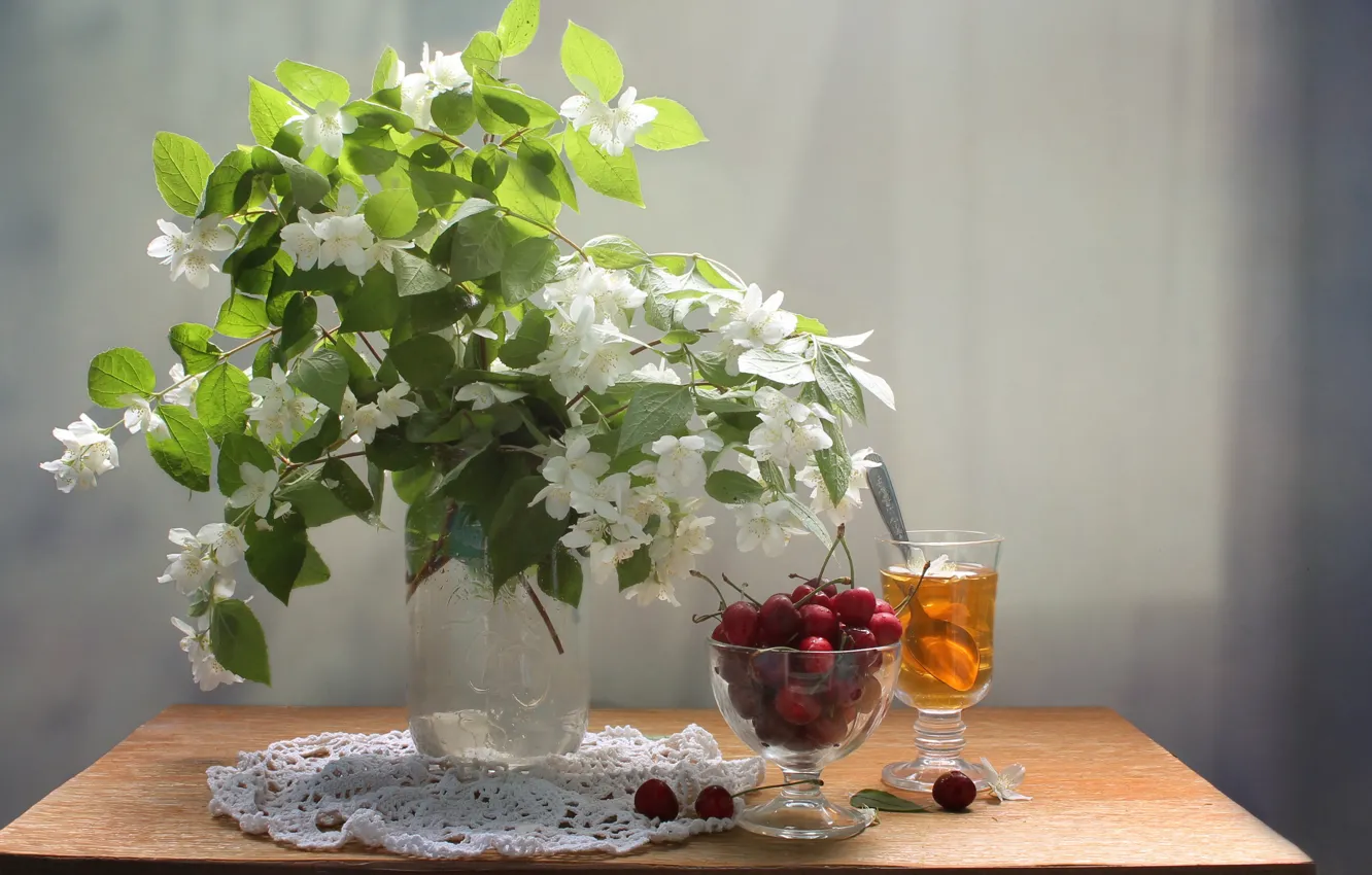 Photo wallpaper cherry, tea, Bouquet, still life, Jasmine