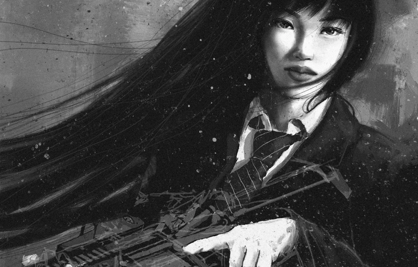 Photo wallpaper look, girl, weapons, art, tie, black and white, form, Asian