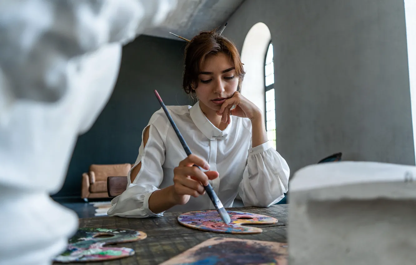 Photo wallpaper girl, paint, watercolor, brush, artist, thinks