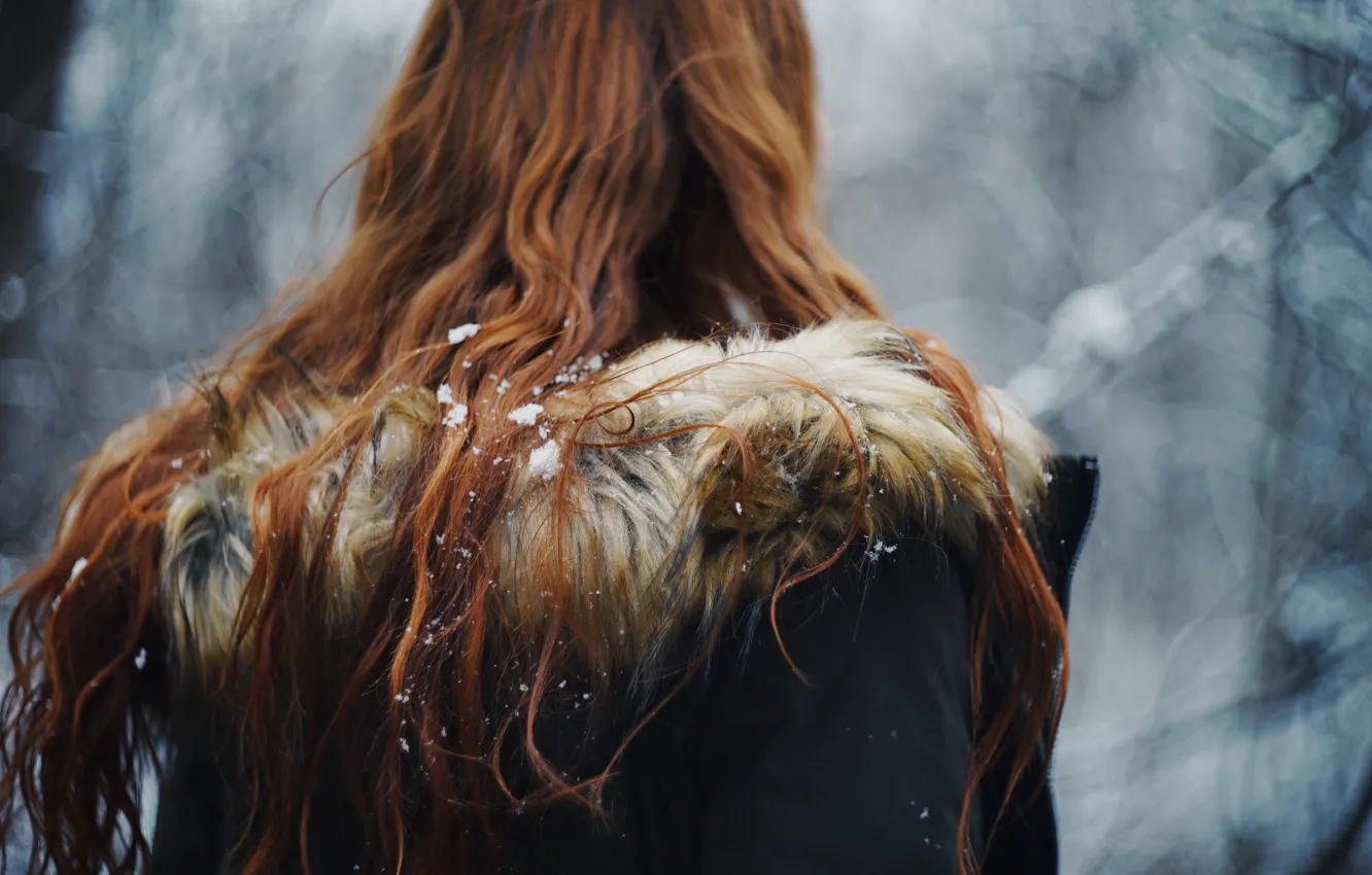 Photo wallpaper winter, girl, snow, snowflakes, hood, red