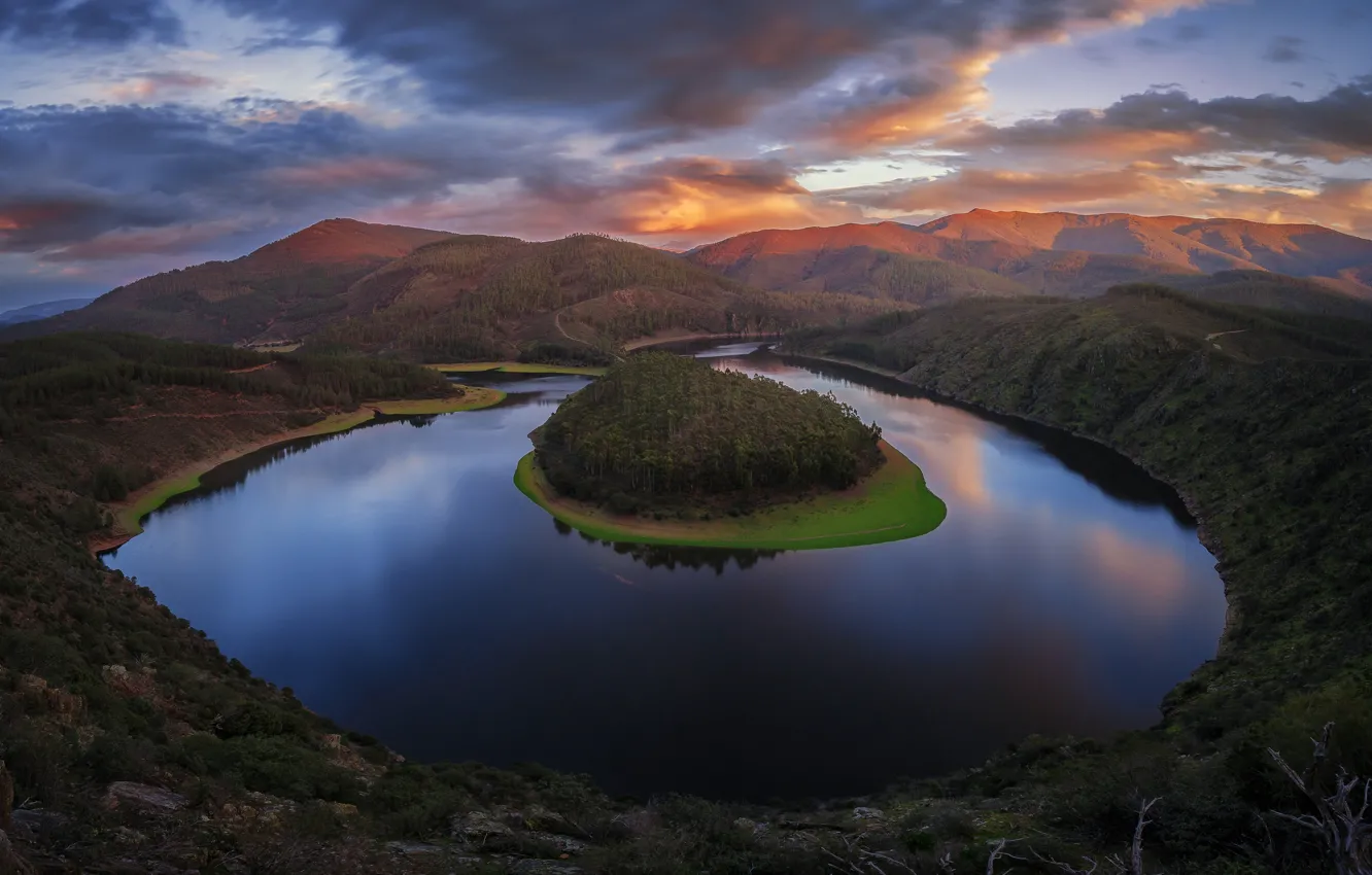 Photo wallpaper the sky, clouds, mountains, river, hills