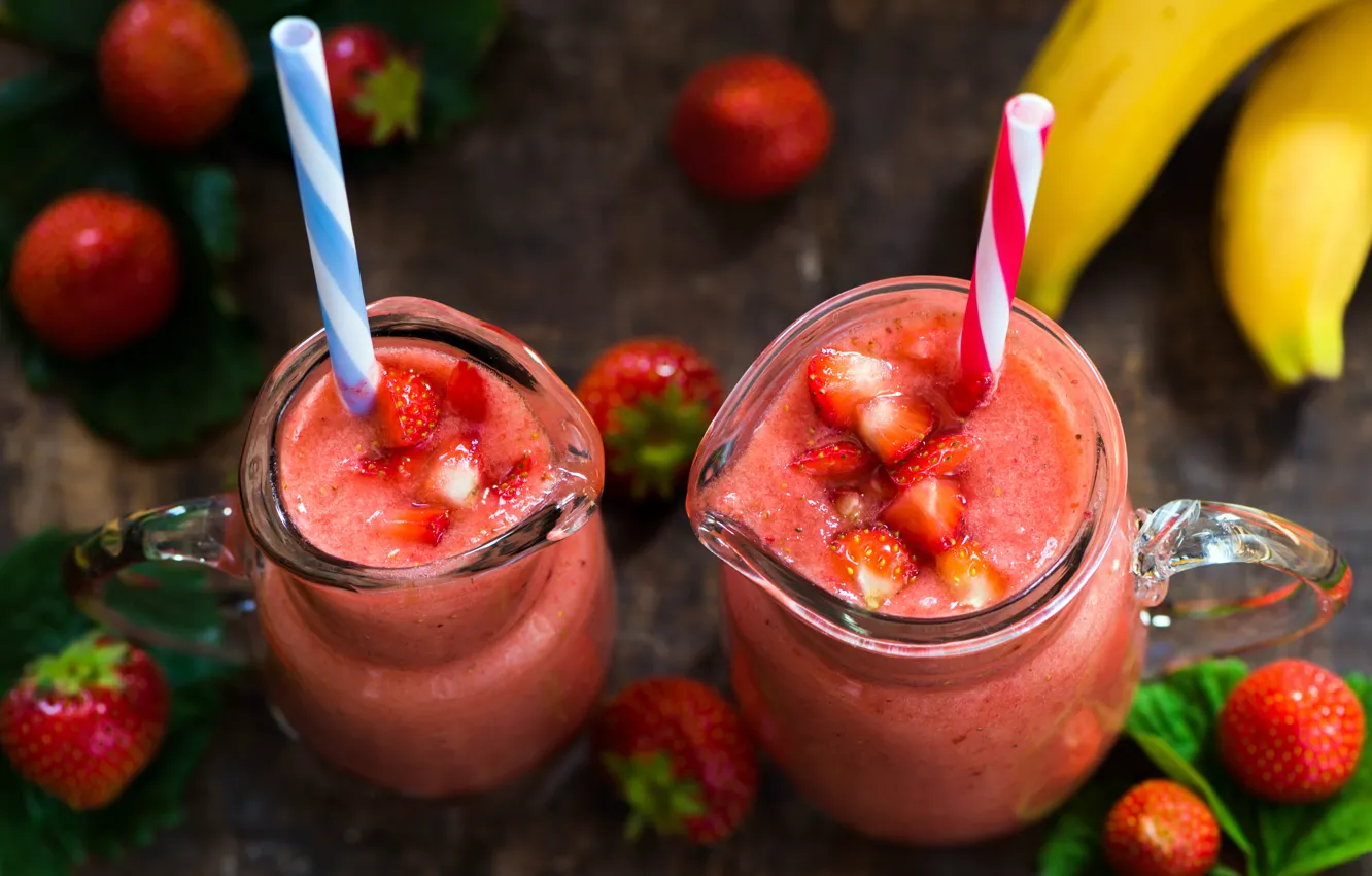 Photo wallpaper berries, fresh, bananas, strawberry, smoothies